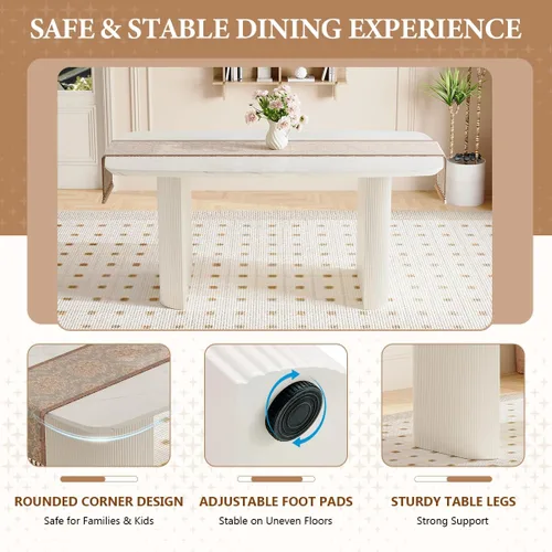 Vista 7 de TesNus Mesa de comedor blanca de 67 pulgadas para 6, moderna mesa de cocina ovalada con esquinas redondeadas, parte superior de mármol sintético