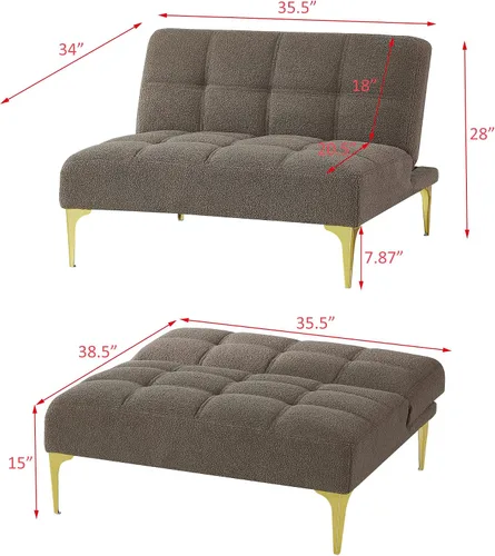 Vista 2 de Polibi Sofá moderno con almohada abatible, sofá cama plegable convertible con respaldo ajustable y patas doradas, sofá individual, tela de peluche
