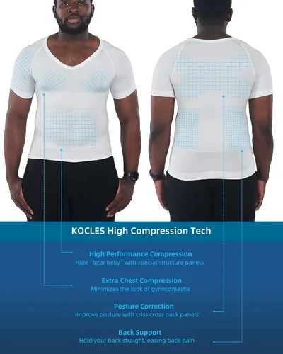 Vista 3 de KOCLES Camisas de compresión Gynecomastia para hombres, faja moldeadora adelgazante para cuerpo, camiseta de entrenamiento con cuello en V