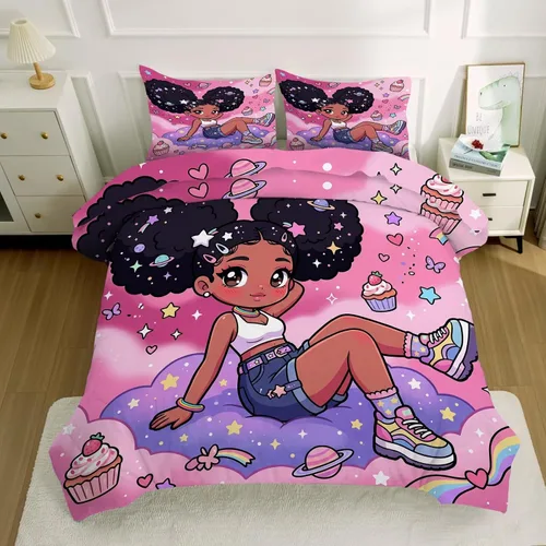 Vista 7 de kxry Lindo juego de edredón de niña negra, juegos de ropa de cama individual de niña afroamericana para niños, bonito edredón de nubes estrelladas