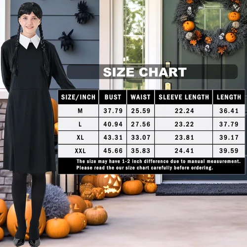 Vista 5 de Party Talk Wednesday Addams Dress for Women Girls, Halloween Costumes Cosplay Long Sleeve Peter Pan Collar Addams Family