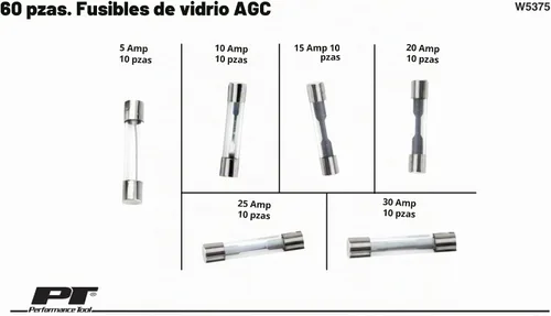 Vista 2 de Performance Tool W5375 - Surtido de fusibles de vidrio AGC (60 piezas variadas) (5A, 10A, 15A, 20A, 25A y 30A) en una caja de plástico transparente