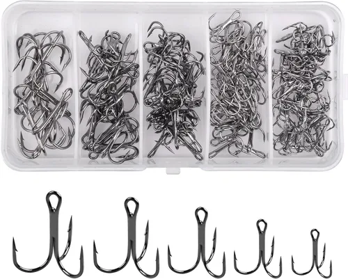 Vista 9 de Fishing Treble Hooks Assortment, Sharp Brabed Triple Fishing Hooks Set High Carbon Steel Round Bend for Trout Catfish Lures Freshwater Saltwater