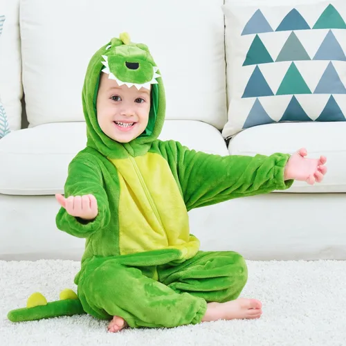 Vista 2 de LOLANTA Disfraz de dinosaurio para niños pequeños, unisex, de franela con capucha, mameluco de disfraz
