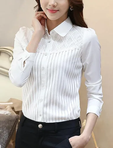 Vista 5 de Blusa estilo vintage con manga larga de encaje elástico con cuello de botón para mujer