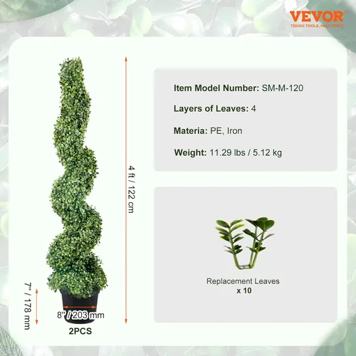 Vista 7 de VEVOR Árboles topiarios artificiales en espiral de boj, 4 pies de alto (2 piezas) planta sintética para exteriores, planta falsa verde para todo