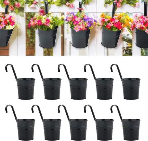 Vista 10 de KINGLAKE Macetas de flores, 10 macetas de metal para colgar en hierro, balcón, jardín, plantas, cestas para vallas, 4 pulgadas, soportes para flores