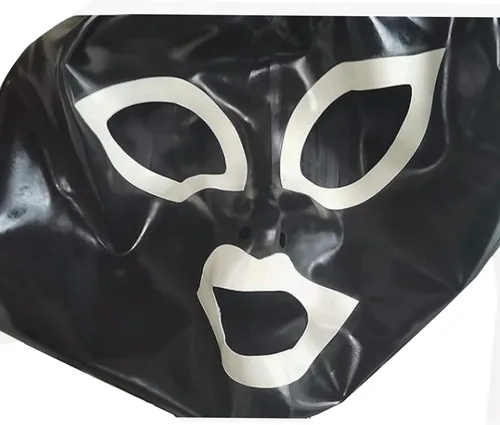 Vista 3 de ABWL Máscara de látex negro con capucha unisex, hecha a mano con peluca de cola de caballo doble para disfraces de cosplay