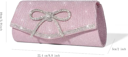Vista 6 de Bolso de mano con lazo brillante para mujer con diamantes de imitación de purpurina para boda, fiesta, graduación, bolsa de noche elegante, caja
