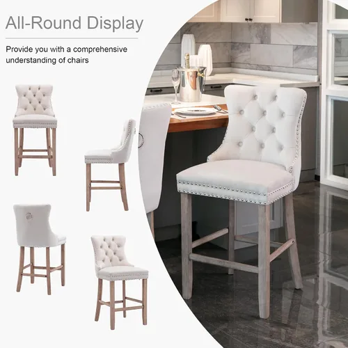 Vista 6 de Taburetes de bar tapizados de terciopelo modernos de 27 pulgadas con patas de madera, botón con cabeza de clavo cromada, taburetes de bar con Beige