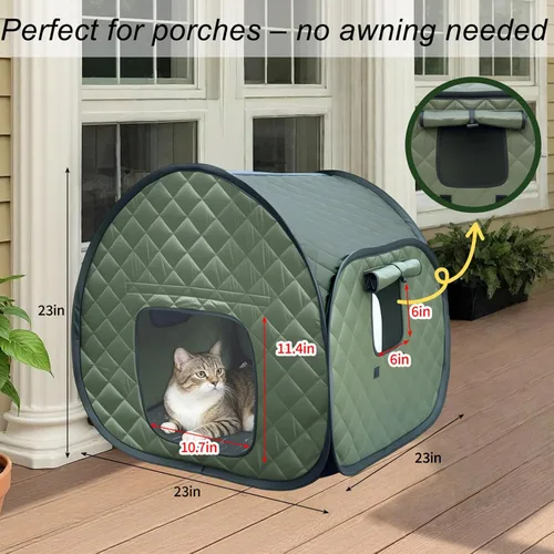 Vista 4 de Casa plegable para gatos callejeros para exteriores, 23.6 pulgadas, refugio aislado acolchado verde militar con mosca impermeable de camuflaje, 2