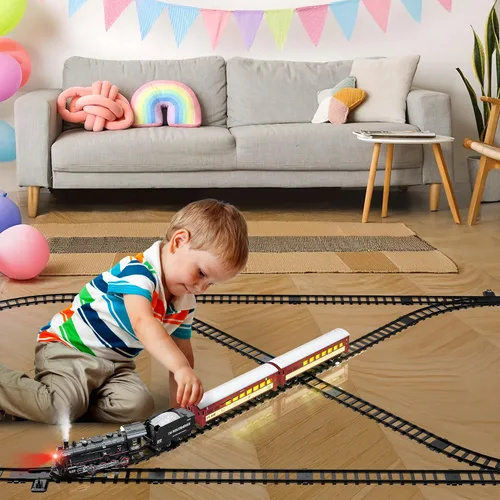 Vista 5 de Hot Bee Juego de tren para niños, juegos de tren de aleación a control remoto con locomotora de vapor, autos y pistas iluminados, juego de trenes