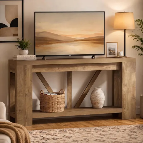 Vista 6 de Tribesigns Mesa de entrada extra larga de 70.9 pulgadas, mesa consola de madera de granja con almacenamiento, mesa de sofá moderna detrás del sofá