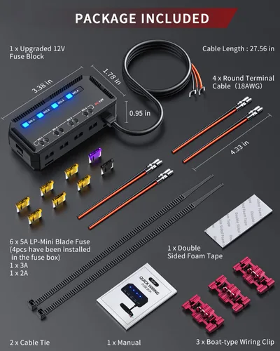 Vista 6 de Bloque de Fusibles ELECTOP 12V, Kit de Caja de Fusibles y Relé Universal de 20A para Motocicleta y Automotriz con 4 Circuitos, Portador de Fusible