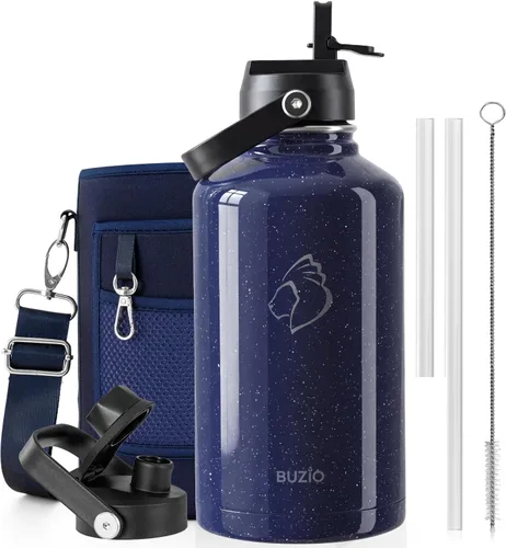 Vista 44 de BUZIO Botella de agua aislada de 24 oz, frasco de agua de boca ancha de acero inoxidable con tapa de pajita, frío durante 48 horas a prueba de Negro