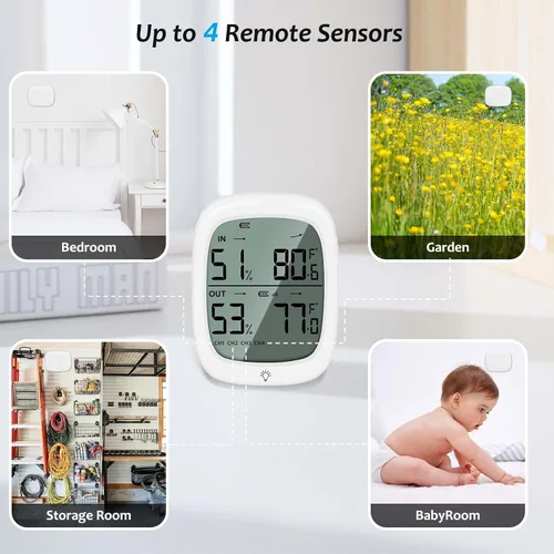 Vista 9 de RUIKORING Termómetro inalámbrico para interiores y exteriores, termómetro digital exterior de humedad con sensor impermeable IP66, retroiluminación