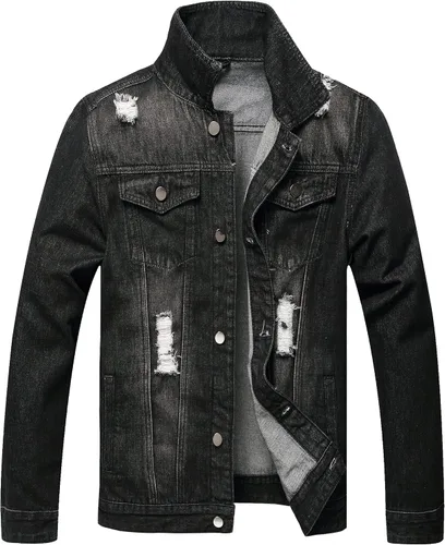 Vista 10 de LAMKUKU Chaqueta de mezclilla para hombre rasgada ajustada, abrigo de chaqueta vaquera para hombres