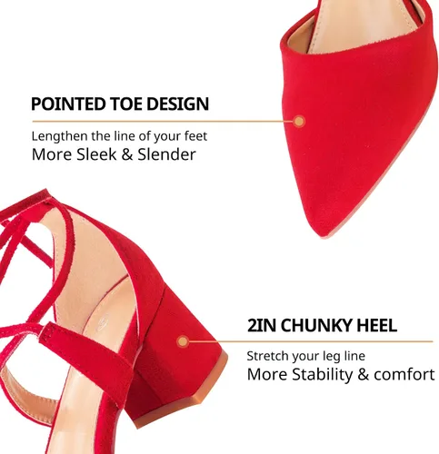 Vista 3 de Heel The World Tacones con cordones para mujer, tacones gruesos con punta puntiaguda, sandalias de vestir de bloque bajo con tiras para mujer