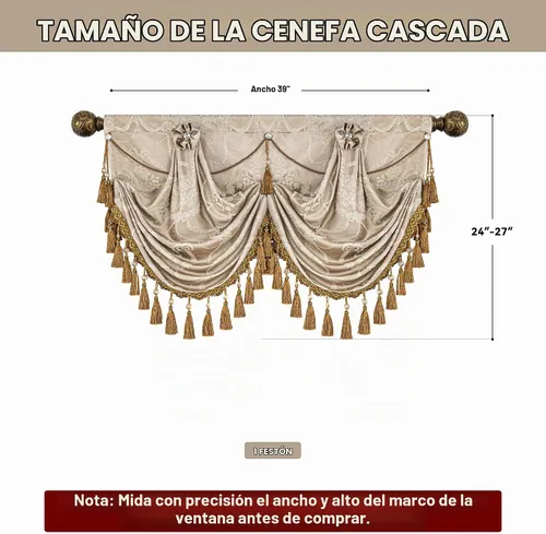 Vista 2 de Loom and Mill Cenefas de cascada de lujo para ventanas de 39 pulgadas de ancho, dorado y arena Elegantes cenefas de cortinas jacquard con borlas