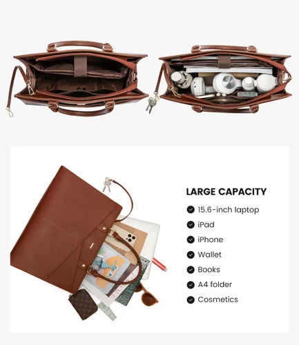 Vista 6 de LOVEVOOK Bolsa de mano para laptop para mujer, bolsa de trabajo de cuero para negocios, oficina, maletín para computadora con pequeño clutch, apto