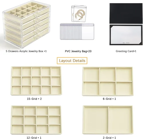 Vista 3 de KAMIER Caja organizadora de aretes con 5 cajones, caja organizadora de joyas de acrílico transparente para mujeres, juego de 20 bolsas de joyería