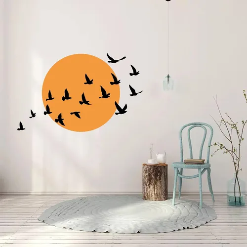 Vista 4 de Calcomanía de pared de pájaros y sol, círculos grandes con pájaros, arte de pared minimalista, calcomanías de pared modernas para sala de estar