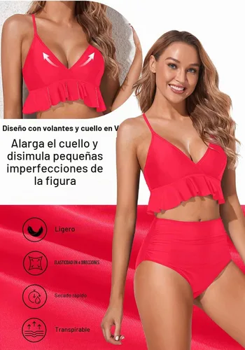Vista 3 de Tempt Me - Traje de baño de dos piezas para mujer, bikini de cintura alta con volantes y control de abdomen Rojo neón