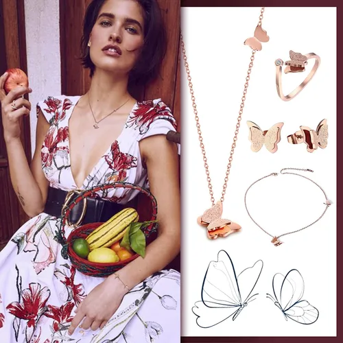Vista 2 de VNOX Anillo de compromiso de acero inoxidable con circonita cúbica y mariposa con acabado mate ajustable collar y pulsera juego de joyas