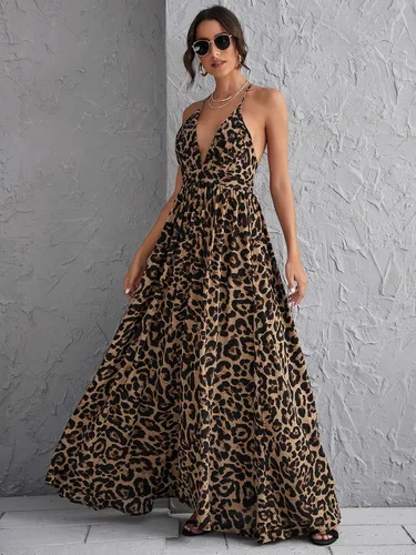Vista 4 de Floerns Vestido largo de playa con cuello en V profundo y espalda cruzada de leopardo para mujer