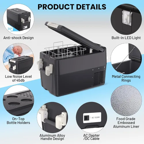 Vista 7 de TROPOW Refrigerador de 12 voltios, enfriador eléctrico portátil de 32QT (30L), congelador portátil de 12V/24V DC 110-240V AC, refrigerador de 12V
