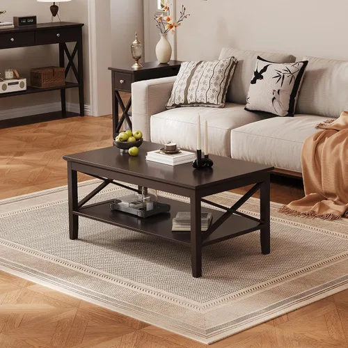 Vista 14 de Mesa de centro ChooChoo Oxford con patas más gruesas, mesa de centro de madera negra con almacenamiento para la sala de estar