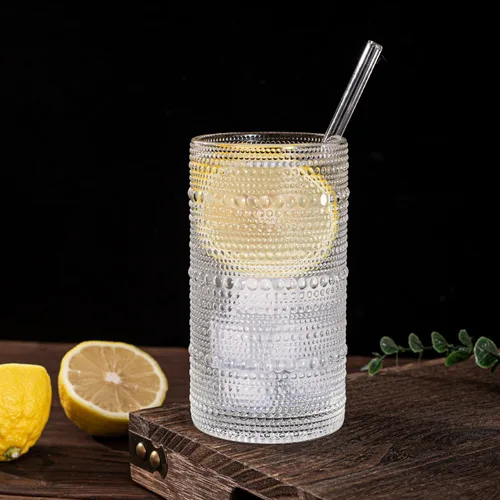 Vista 5 de Juego de 15 vasos de hobnail de 16 onzas / 16.2 fl oz vintage con pajitas, tazas gruesas en relieve para agua, café helado, jugo, cócteles, cocina