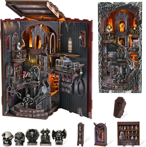 Vista 13 de CCCDF - Kit de manualidades para rincón de lectura de biblioteca, kit de casa de muñecas en miniatura, rompecabezas de madera 3D con luces LED