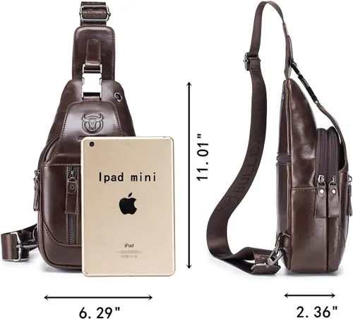 Vista 4 de BULLCAPTAIN Mochila bandolera de cuero genuino para hombre, multibolsillo, bandolera, bolsas de pecho, viajes, senderismo, mochila, Marrón