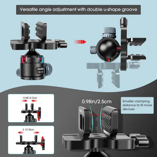 Vista 3 de Manbily Silla de disparo con cabezal esférico de perfil bajo de 44mm, cabeza de trípode CNC de aluminio resistente de 360°, abrazadera de apoyo