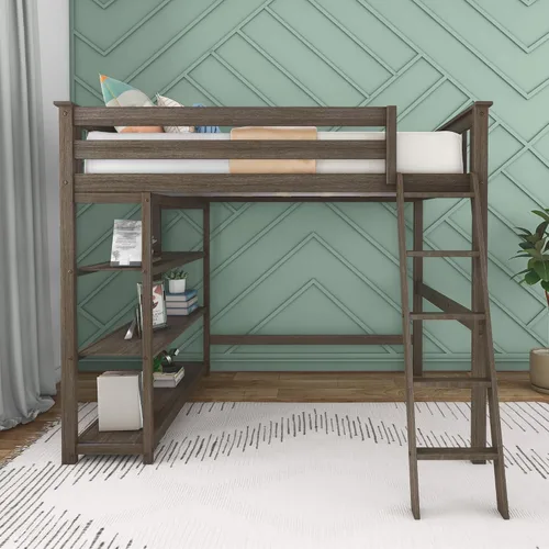 Vista 3 de Max & Lily Cama alta de tamaño matrimonial con estantería, arcilla, madera maciza, marco de cama moderno para niños/adolescentes, pino, acabado