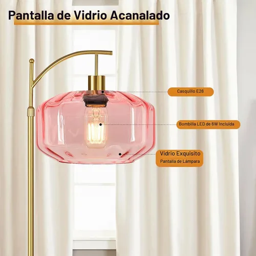 Vista 4 de Lámparas de pie doradas para sala de estar, dormitorio, lámpara de pie de cristal con control remoto y pantalla rosa, lámpara de pie regulable