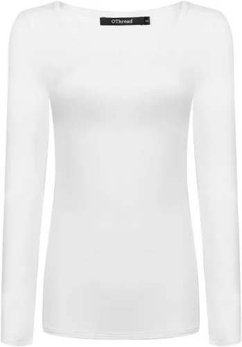 Vista 47 de OThread & Co. Camiseta de manga larga con cuello redondo para mujer, capa básica, de elastano Albaricoque