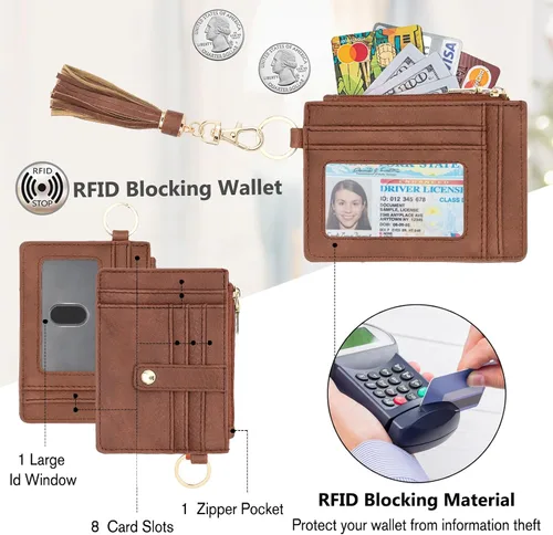 Vista 2 de KNGITRYI Cartera llavero pulsera para mujer, delgado RFID tarjeta de crédito, monedero, borla llavero brazalete para hombres y mujeres, Marrón, Rfid