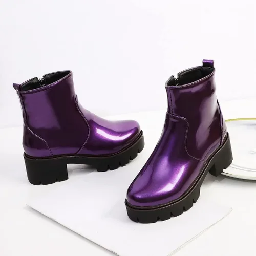 Vista 5 de Botines elegantes de moda para mujer, de charol con punta redonda, con cremallera, tacón medio grueso