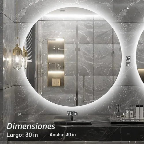 Vista 7 de Espejo de baño LED redondo de 30 pulgadas, retroiluminación de luz diurna de 6000 K, antivaho y regulable, espejo impermeable sin marco con control
