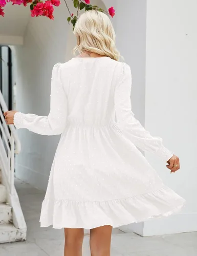 Vista 6 de Shermia Vestido de manga larga con cuello en V para mujer, vestidos fruncidos de gasa, mini vestido babydoll con bolsillos