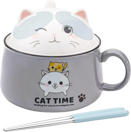 Vista 8 de Juego de cuencos para ramen con palillos, lindos cuencos de fideos instantáneos para ramen con diseño de gato lindo con tapa, cuencos de cerámica