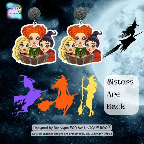 Vista 2 de Aretes divertidos de hermanas de bruja de Halloween, aretes de Hocus Pocus, accesorios de disfraz de bruja para mujeres y niñas