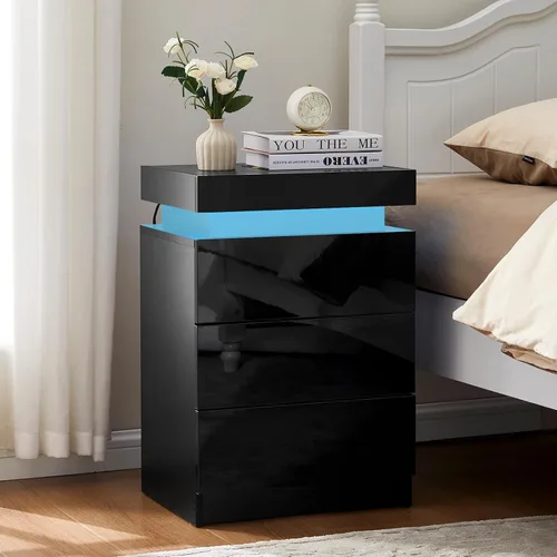 Vista 2 de TUKAILAi Mesita de noche con luz LED, moderna mesita de noche negra con tapa abatible, mesita de noche pequeña con 3 cajones de madera, mesa