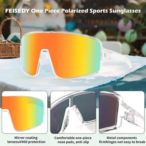 Vista 4 de FEISEDY Gafas de sol deportivas, escudo polarizado de gran tamaño para mujeres, hombres, jóvenes, béisbol, ciclismo, correr, al aire libre, visera