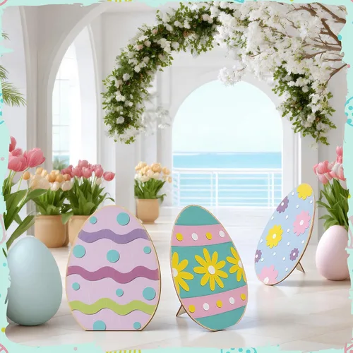 Vista 4 de GlikCeil 3 letreros de madera de Pascua de 17 pulgadas para porche, decoración rústica de bienvenida para fiestas de primavera, fiestas, jardín