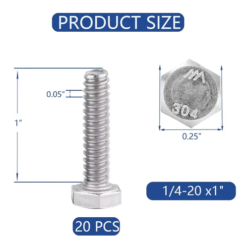 Vista 2 de Tornillo de cabeza hexagonal 1/4-20 x1 (20 unidades), tuercas de bloqueo, kits de arandelas planas y de bloqueo, acero inoxidable 304 18-8