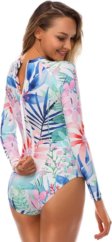 Vista 3 de AXESEA - Traje de baño de una pieza para mujer, manga larga, protección UV UPF 50+, con estampado, cremallera, ideal para surf