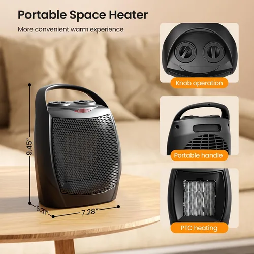 Vista 4 de Kismile Calentador de Espacio Eléctrico Pequeño Cerámico, Calentador Portátil con Ventilador para Oficina con Termostato Ajustable y Protección